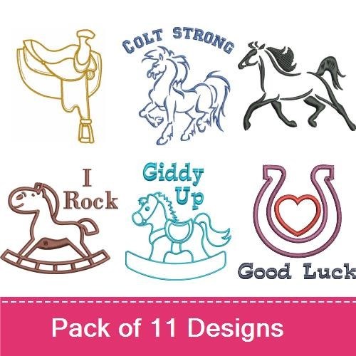 Whimsical Horses Embroidery Designs Bundle – Pony Power, Horse Outline, Giddy Up & More (9 Designs)