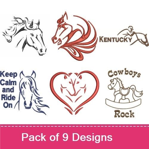 Horse Embroidery Designs Bundle – Running Horse, Horse with Saddle, Keep Calm and Ride On & More (9 Designs)