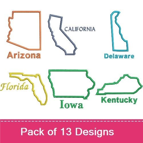 USA State Outlines Embroidery Designs Bundle – USA Outline, Florida Girl, Arizona Outline & More (13 Designs)