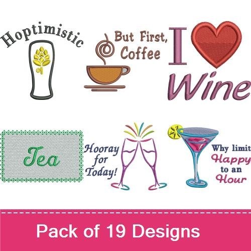 Coffee and Cocktails Embroidery Designs Bundle – Hoptimistic Beer Glass, Martini Glass, Cocktail Clock & More (19 Designs)