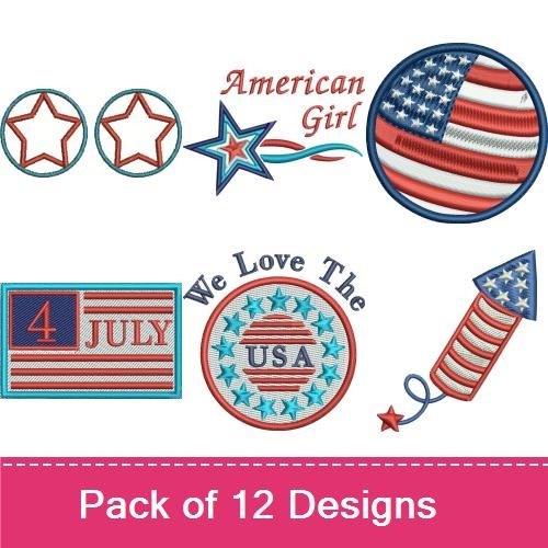 Patriotic Stars and Stripes Embroidery Designs Bundle – American Girl Text, USA Emblem, Fireworks Rocket & More (12 Designs)