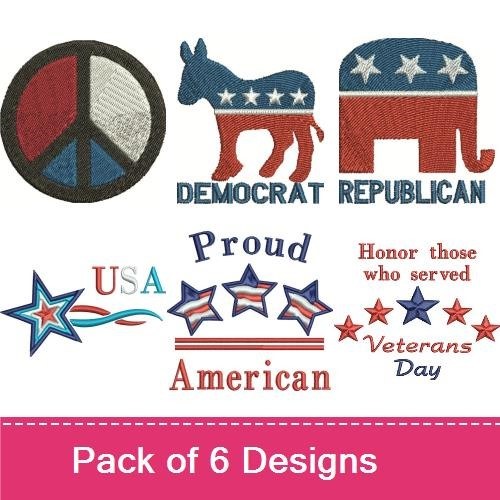 Patriotic Symbols Embroidery Designs Bundle – USA Star, Peace Symbol, Democrat Donkey & More (6 Designs)