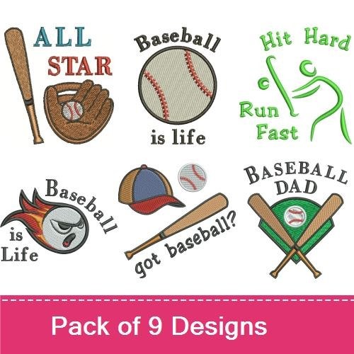 Baseball Themed Embroidery Bundle – Baseball Cap, Baseball Bat, I Love Baseball & More (9 Designs)