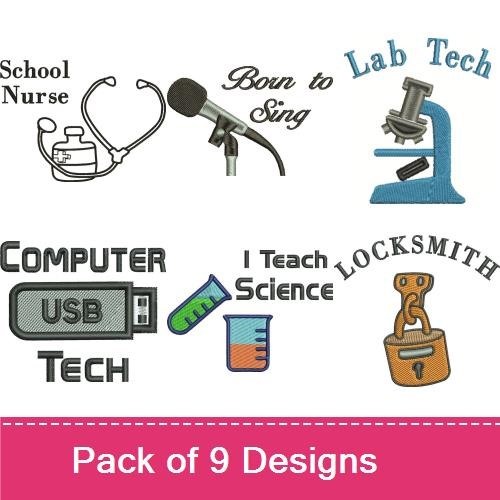 Professional Skills Embroidery Designs Bundle – Computer Tech USB, School Nurse, Born to Sing & More (9 Designs)