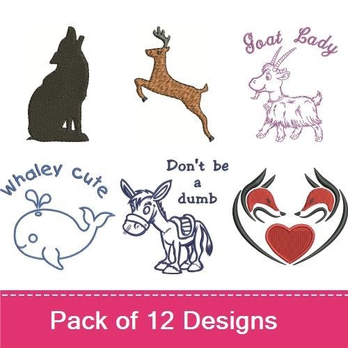 Wolf Silhouette, Reindeer & Goat Embroidery Bundle – Fun Animal Designs (12 Designs)