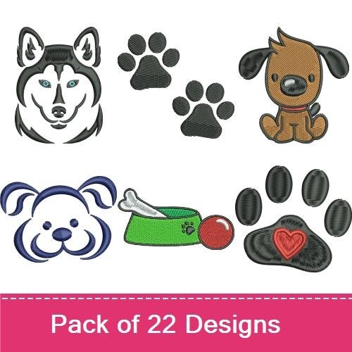 Husky Dog & Brown Dog Embroidery Bundle – Paw Prints & Dog Bowl (22 Designs)