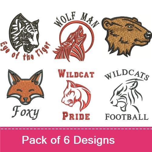 Tiger, Wolf, Bear & Fox Embroidery Bundle – Sports and Mascots (6 Designs)