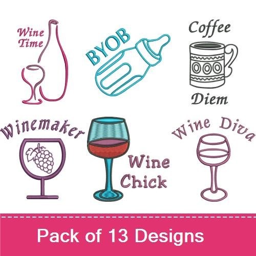 Wine & Coffee Embroidery Designs Bundle – Wine Diva, Wincemaker, Coffee Diem & More (13 Designs)