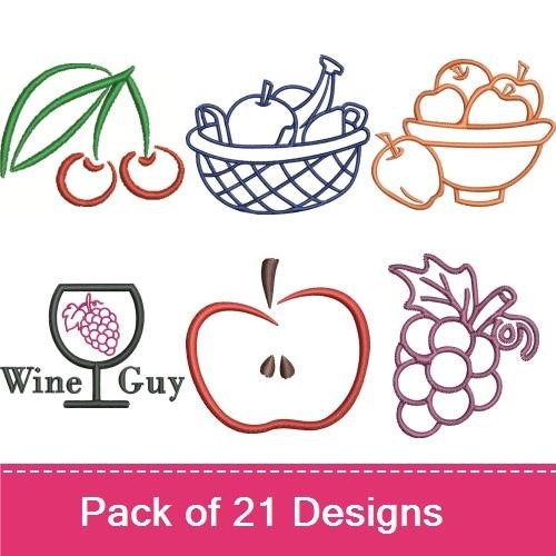 Redwork Fruit & Wine Embroidery Designs Bundle – Wine Glass, Grapes, Banana & More (21 Designs)