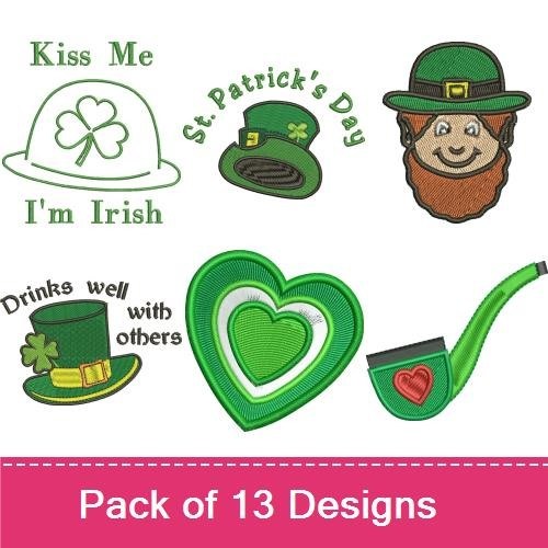 St. Patrick's Day Embroidery Designs Bundle – Green Hat, Pipe with Heart, Lucky Charm & More (12 Designs)