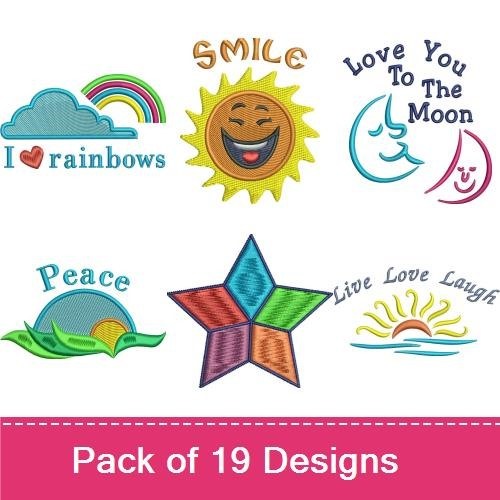 Celestial & Rainbow Embroidery Designs Bundle – Follow The Dream, Here Come the Sun, I Love Rainbows & More (18 Designs)