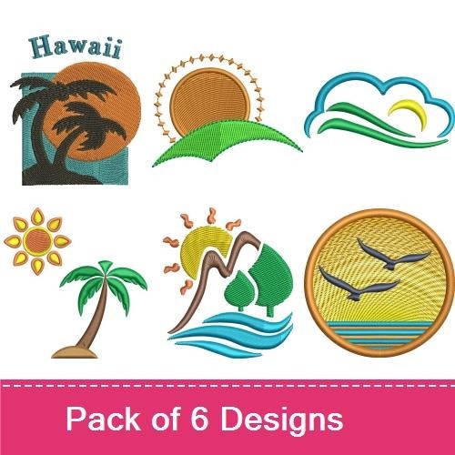Tropical Sunset Embroidery Designs Bundle – Sunset with Mountains, Hawaii Palm Tree, Sun with Waves & More (6 Designs)