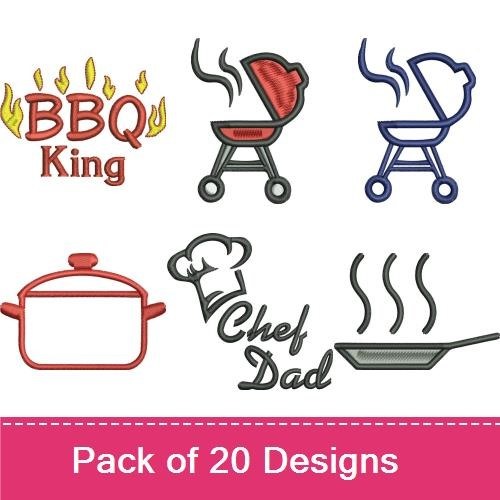 Chef & BBQ Embroidery Designs Bundle – Grill with Smoke, BBQ Grill, Chef Hat & More (20 Designs)