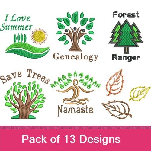 Nature & Tree Themes Embroidery Designs Bundle – Leaf Design, I Love Trees, Go Green & More (12 Designs)