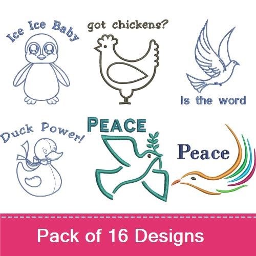 Birds and Peace Embroidery Designs Bundle – Flying Dove, Ice Ice Baby Penguin, Chickens in a Barn & More (10 Designs)