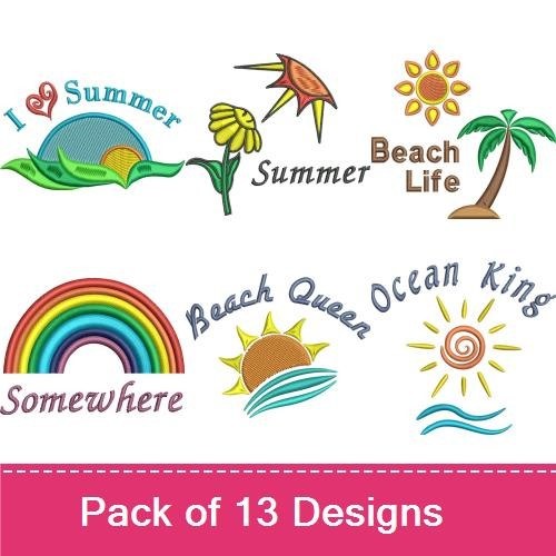 Beach-Themed Designs Embroidery Bundle – Sunny Beach Sun, Wavy Ocean, Beach Girl & More (12 Designs)