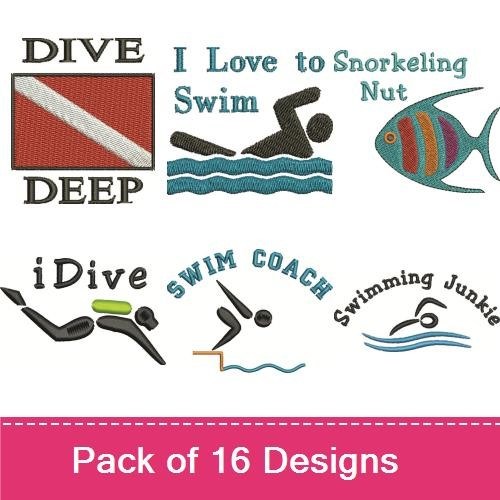 Water Sports Embroidery Designs Bundle – Rainbow Swimmer, Diving Flag, Scuba Dive & More (16 Designs)