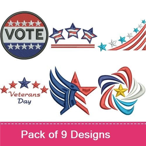 Patriotic Stars and Symbols Embroidery Designs Bundle – Veterans Day, God Bless America, Texas State & More (9 Designs)