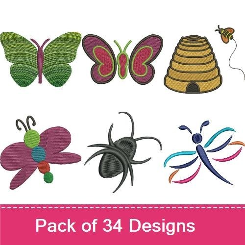 Whimsical Insects Embroidery Designs Bundle – Dragonfly, Bee, Butterfly & More (34 Designs)