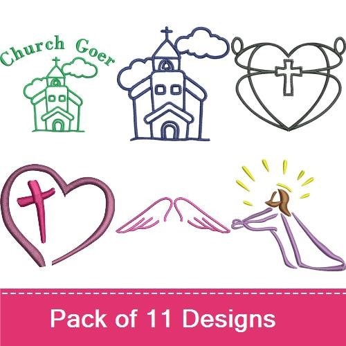 Faith & Church Embroidery Designs Bundle – Heart with Cross, Angel Wings, Cross with Flowers & More (10 Designs)