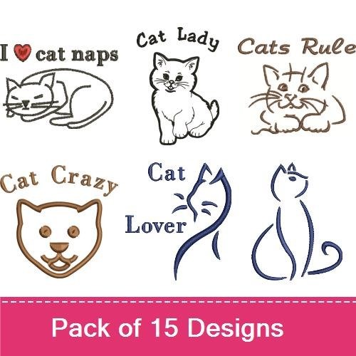 Cat Themed Embroidery Designs Bundle – Stylized Cat, I Love Cat Naps, Cat Lady & More (15 Designs)