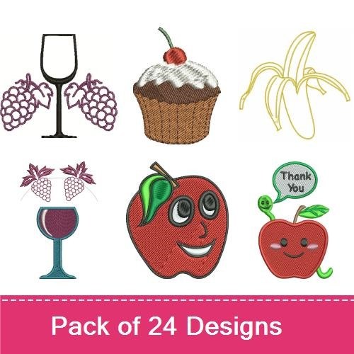 Fruits and Sweets Embroidery Designs Bundle – Apple in Hand, Banana, Cupcake, & More (24 Designs)