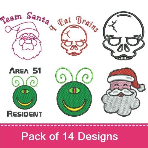 Holiday & Fantasy Characters Embroidery Designs Bundle – Unicorn, Santa Claus, Skull, Smiley Face & More (14 Designs)