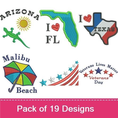 USA and State Pride Embroidery Designs Bundle – I Love Texas, Texas Map, Dallas, Chicago & More (18 Designs)