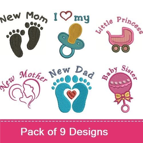 Family Baby Themes Embroidery Designs Bundle – New Grandma, New Mom, Baby Feet & More (9 Designs)