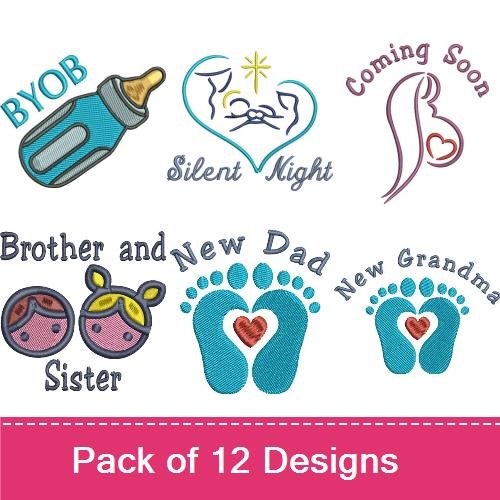 Family Celebration Embroidery Designs Bundle – New Grandma, New Dad, Baby Shower & More (12 Designs)