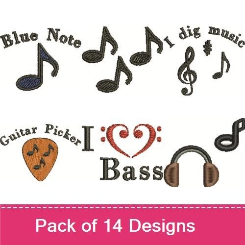Music-Themed Embroidery Designs Bundle – Music Teacher, I Love Bass, Opera Lover & More (12 Designs)