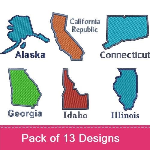 USA State Map Embroidery Bundle – Georgia, Texas, Florida, Alaska & More (13 Designs)