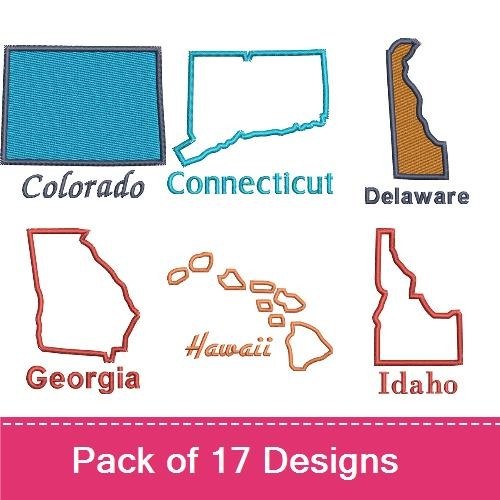USA State Outlines Embroidery Designs Bundle – Michigan, California, Colorado, Connecticut & More (17 Designs)