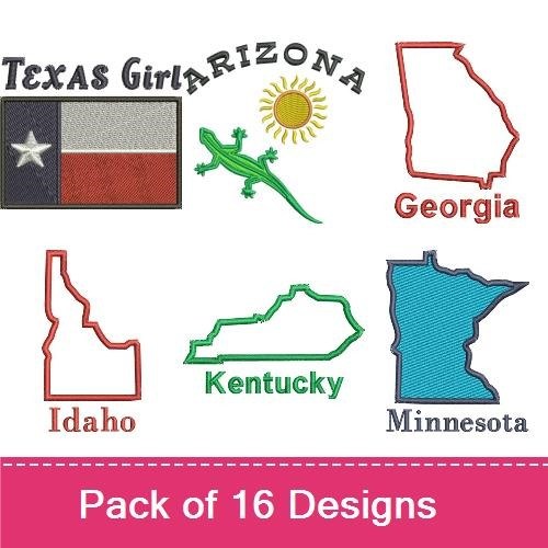 USA State Pride Embroidery Designs Bundle – California, Texas, Georgia, Kentucky & More (16 Designs)