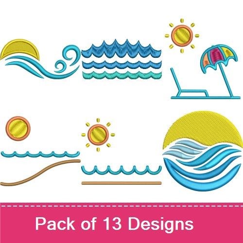 Rippled Beach Embroidery Designs Bundle – Wavy Water, Sunglasses, Umbrella & More (13 Designs)