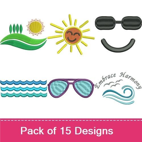 Beach-Themed Embroidery Designs Bundle – Sun, Dolphin, Anchor, Waves & More (15 Designs)