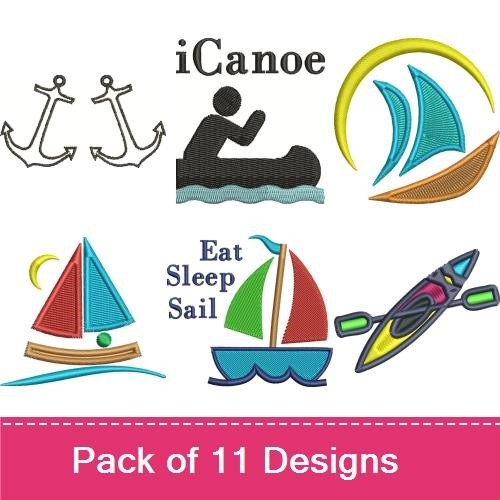 Nautical Theme Embroidery Bundle – Kayak, Sailboat with Red Flag, Two Anchors & More (10 Designs)