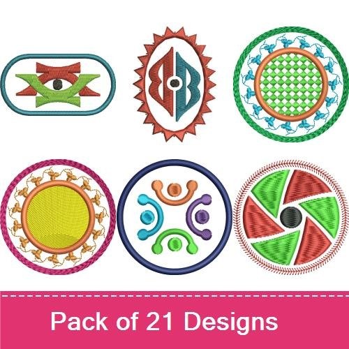 Colorful Geometric Motifs Embroidery Designs Bundle – Geometric Circle with Petals, Sunburst Motif, Floral Circle & More (21 Designs)