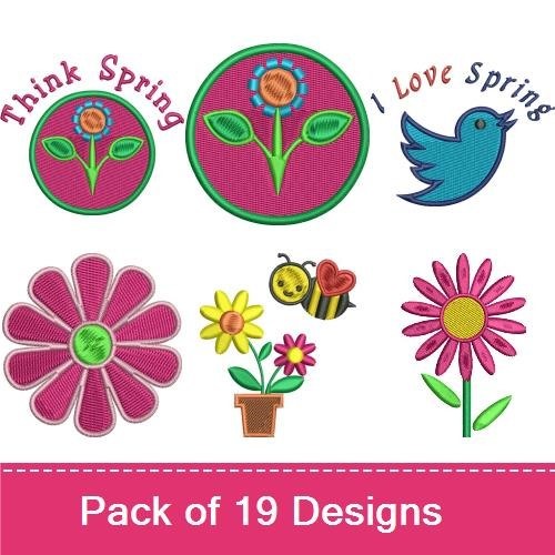 Springtime Flowers and Sunshine Embroidery Designs Bundle – Blue Bird, Pink Flower Bouquet, Sunshine & More (17 Designs)