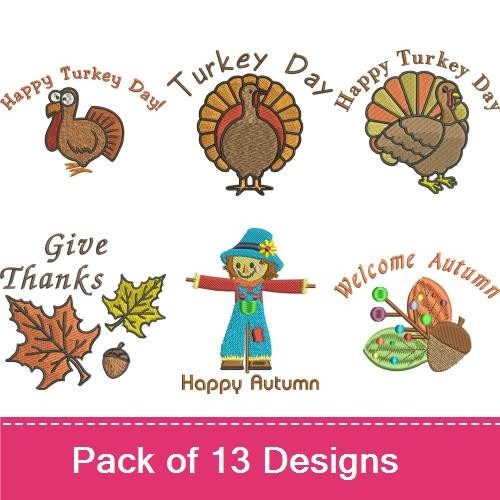 Thanksgiving & Autumn Embroidery Designs Bundle – Happy Thanksgiving, Turkey Day, Autumn Leaves & More (11 Designs)