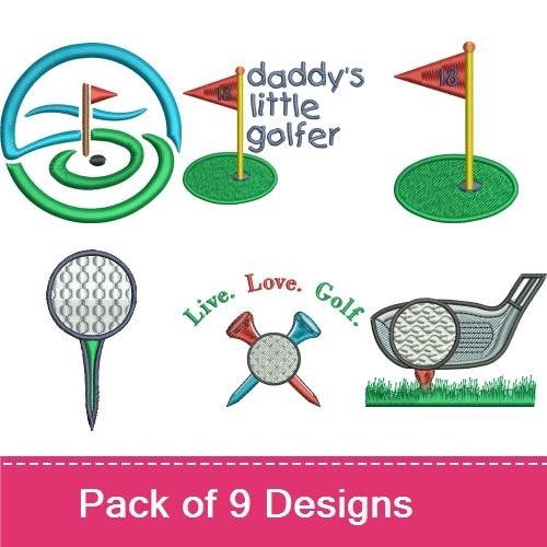 Golf-themed Embroidery Designs Bundle – Golf Ball, Golf Tee, Golf Swing Silhouette & More (9 Designs)