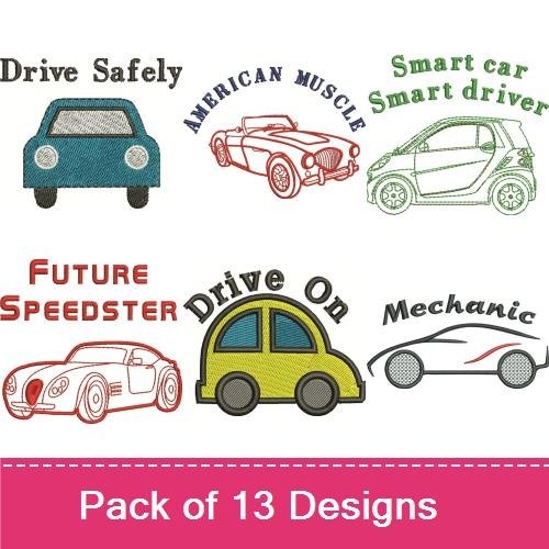 Cars & Automotive Embroidery Designs Bundle – Groovin' Down The Road, American Muscle, Drive Electric & More (11 Designs)