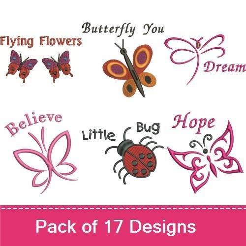 Whimsical Bugs & Butterflies Embroidery Designs Bundle – Caterpillar with Glasses Reading, Believe Text with Butterfly & More (15 Designs)