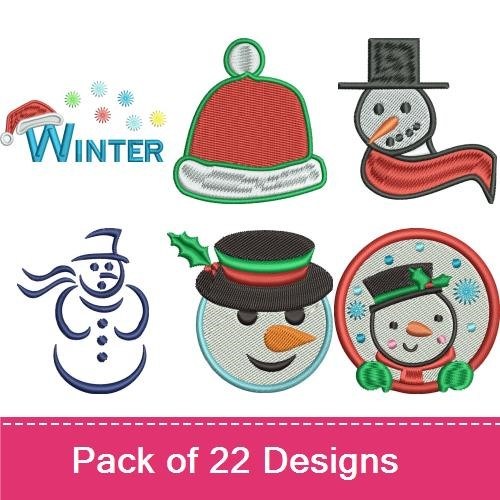 Winter Holiday Embroidery Designs Bundle – Snowman, Santa Hat, Snowflake, Knitted Mittens & More (22 Designs)