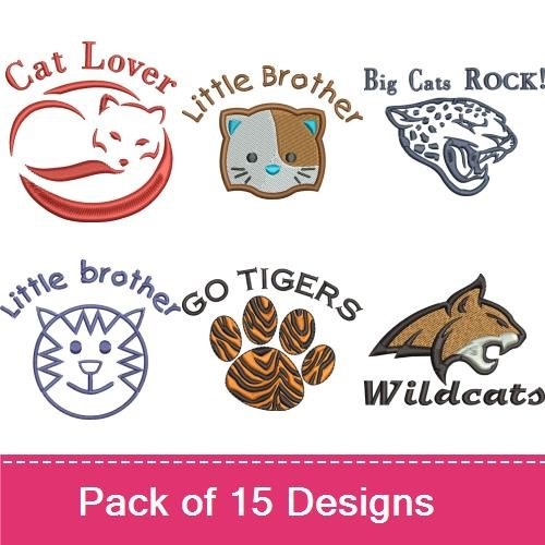 Cat-Themed Embroidery Designs Bundle – Home is Where the Cat Is, Cat Lover, Big Cats Rock! & More (14 Designs)