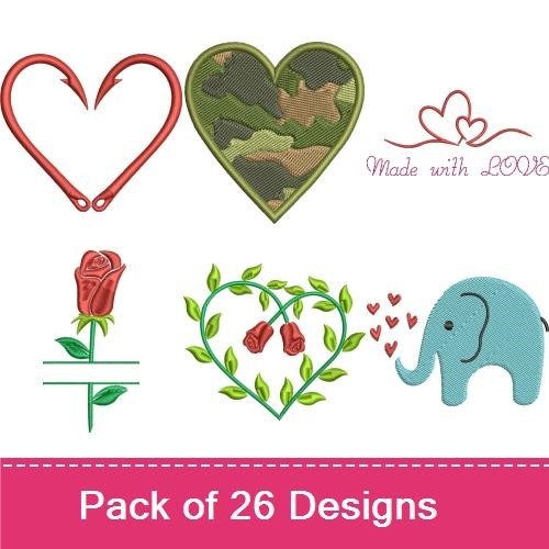 Hearts & Love Embroidery Designs Bundle – Camouflage Heart, Teddy Bear with Heart, Owl with Heart & More (26 Designs)