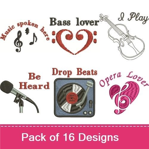 Music Embroidery Designs Bundle – I Love Music, Bass Lover, Treble Clef & More (16 Designs)
