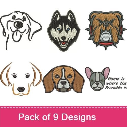 Labrador Retriever, Bulldog & Beagle Embroidery Bundle – Dog Faces (9 Designs)