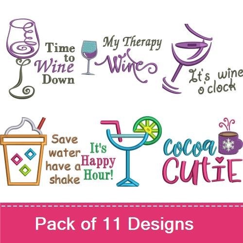 Beverage Quotes Embroidery Designs Bundle – Time to Wine Down, got coffee?, My Therapy Wine & More (11 Designs)