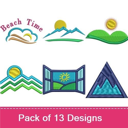 Beach & Mountain Embroidery Designs Bundle – Sun, Shark Fin, Waves, Beach Chick & More (13 Designs)